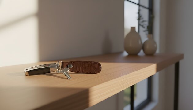 Modern car keys resting on a wooden hallway shelf in a bright house entryway for homeownership and new beginnings concept with soft natural lighting
