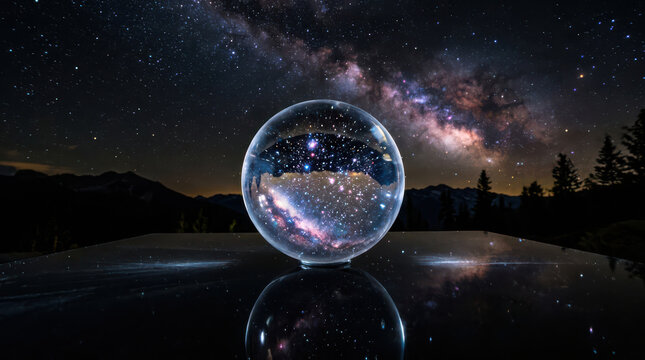 Night sky with milky way galaxy and stars reflected in a glass crystal sphere