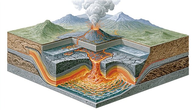 Crosssection view illustrates tectonic plate subduction and volcanic activity.