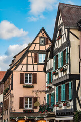 Obraz premium Building facades in Kaysersberg (Alsace-France) decorated with Christmas motifs