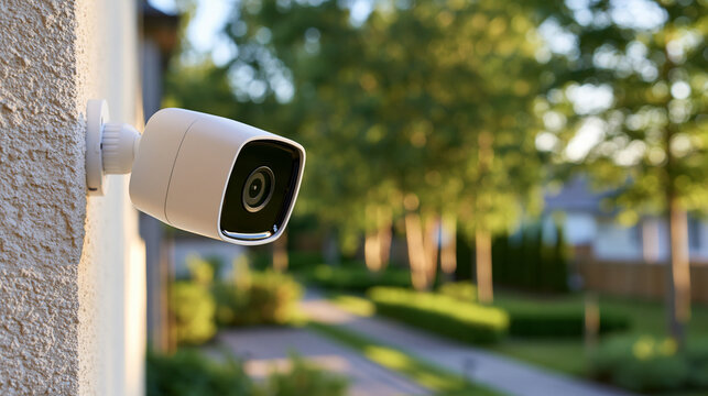 A modern outdoor security camera mounted on a wall. Perfect for home surveillance, safety, and property protection.