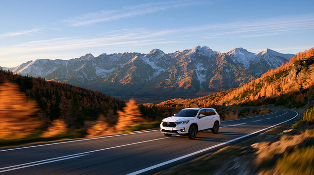 A white SUV driving on a mountain highway at sunset. It represents travel, adventure, and the freedom of modern car.