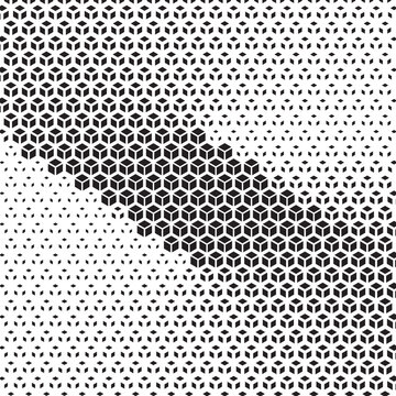 Abstract geometric halftone pattern with repeating triangular cube shapes in monochrome