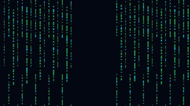 Abstract digital  motion graphic animation displaying falling green and teal data code streams, matrix style binary interface, technology background, and network communication server concept.