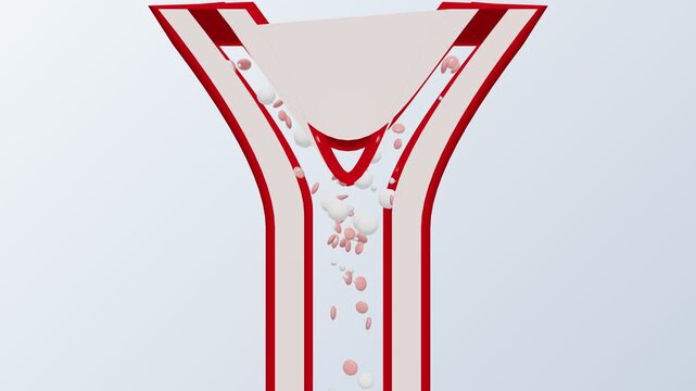 Abstract 3D Animation of Red and White Particles Flowing Through a Y Shaped Conduit.