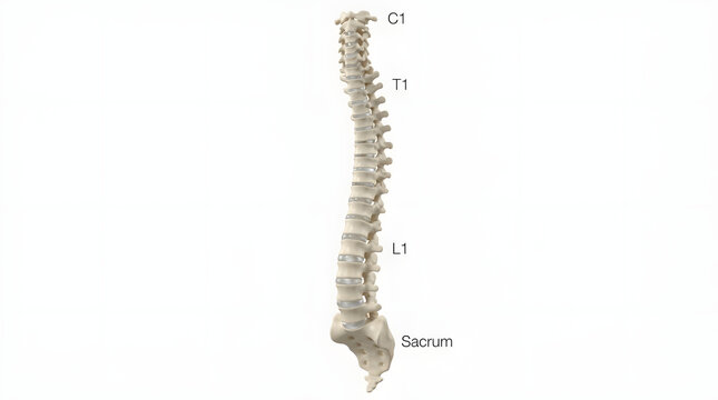 Full human vertebral column anatomy side profile view with vertebrae skeletal skeleton
