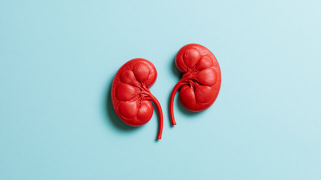 Top view of two realistic red human kidneys on a light blue background. Medical concept for urology and nephrology.