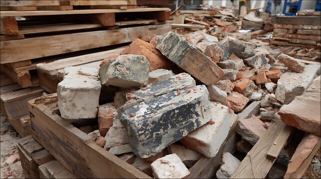 Construction debris with broken bricks and wood stacked on a pallet