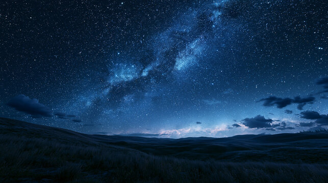 A vibrant Milky Way galaxy stretches across a dark night sky over quiet rolling hills. Ideal for themes of nature.
