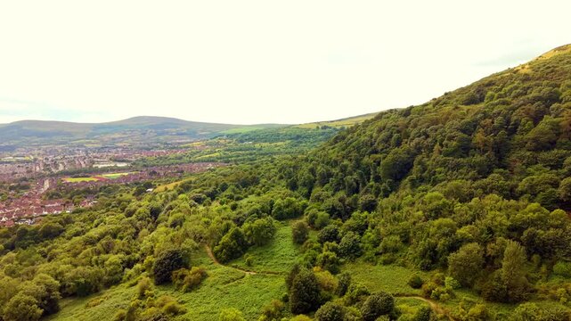 Advancing 4K 60FPS aerial video of Cavehill in North Belfast, Northern Ireland in the UK on a bright sunny day. Produced with Rec709 colour.