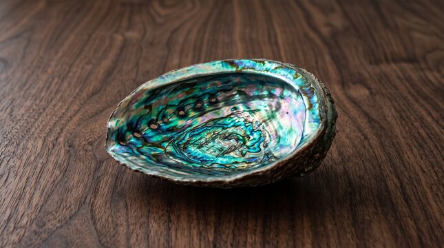 Detailed view of a colorful abalone shell resting on wood