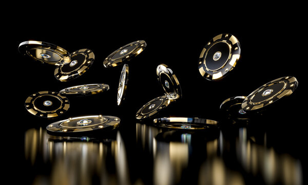 Golden and black casino chips falling 3d
