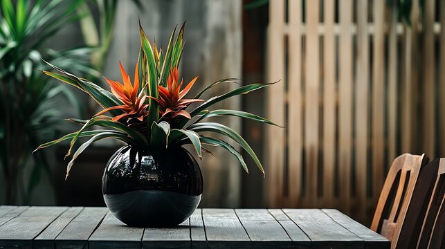 Elegant potted bromeliad plant on a rustic wooden patio table
