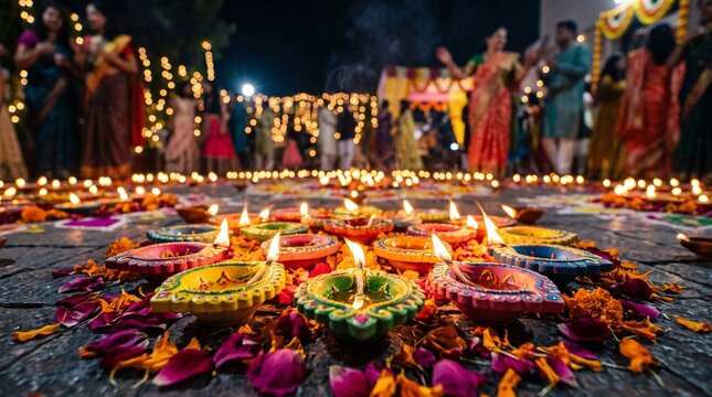 People celebrating diwali festival with traditional oil lamps and colorful flower decorations in a festive outdoor setting