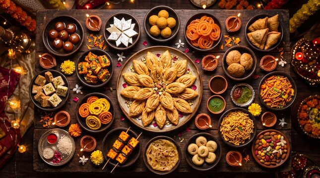Top view of a festive diwali food platter featuring assorted traditional indian sweets and savory snacks