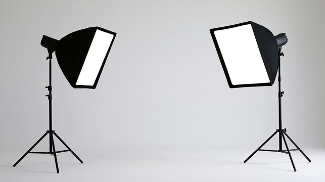 Two professional studio softbox lights on stands isolated on white background. Useful for photography and video.