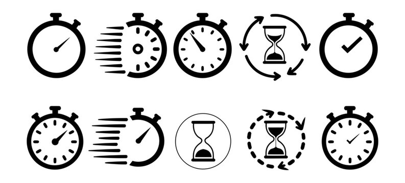 Stopwatch Icon set, minimalist black vector symbols featuring timer and clock designs for speed, productivity, time management, deadlines, scheduling, and performance tracking. 