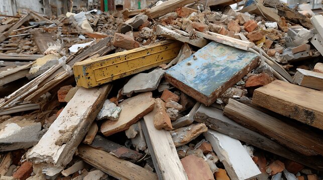 Extensive pile of mixed construction and demolition debris shows disarray