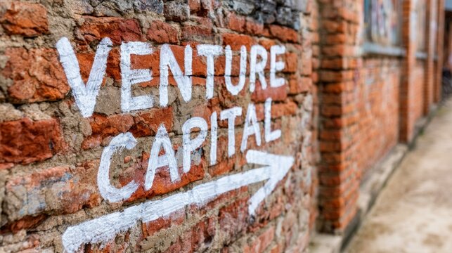 Venture capital text painted on old brick wall, arrow pointing way for startup funding and business investment