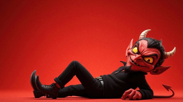 Red cartoon devil with horns and yellow eyes rests on a red background. This mischievous character wears black clothes, including boots and a belt, and has a tail.