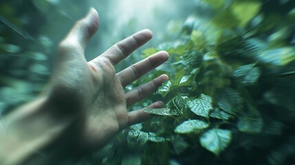 Fototapeta premium Human hand reaching out towards vibrant blurred green leaves