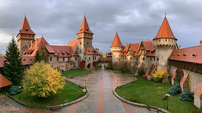 Medieval castle complex with red roofs and towers, showcasing architecture, history, and a grand courtyard on a cloudy day