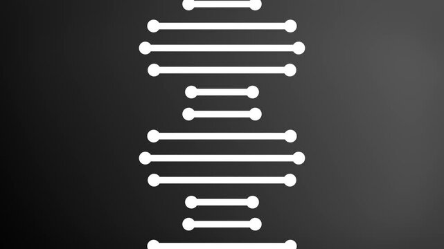 Flowing 2D shaped lines representing a rotating DNA strand molecule animation against a dark gradient background abstract digital design motion graphics visual effects with vibrant colours white black