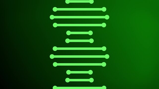 Flowing 2D shaped lines representing a rotating DNA strand molecule animation against a dark gradient background abstract digital design motion graphics visual effects with vibrant colours green lime