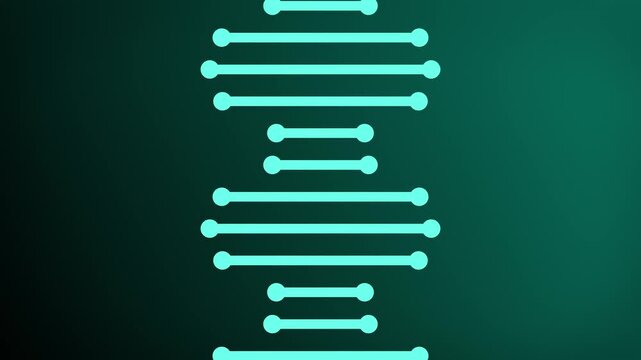 Flowing 2D shaped lines representing a rotating DNA strand molecule animation against a dark gradient background abstract digital design motion graphics visual effects with vibrant colours aqua teal