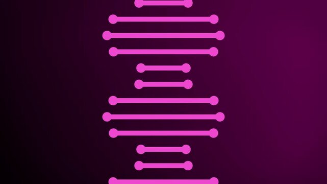 Flowing 2D shaped lines representing a rotating DNA strand molecule animation against a dark gradient background abstract digital design motion graphics visual effects with vibrant colours pink