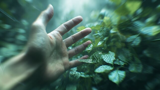 Human hand reaching out towards vibrant blurred green leaves