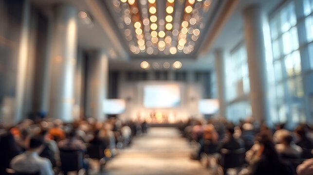 Large corporate conference hall with audience and stage, completely blurred