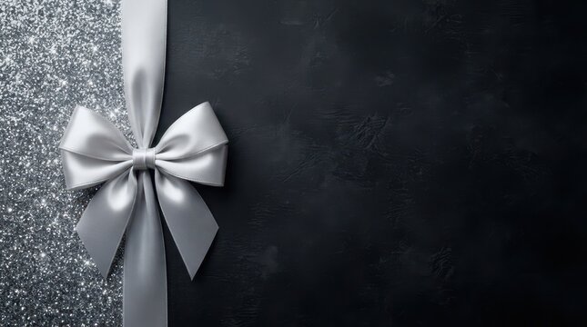Black Friday Luxury black background with silver glitter texture and satin bow for premium holiday sales or Black Friday marketing