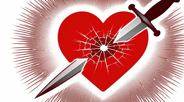 Red heart cracked by dagger symbolizes intense pain or betrayal. Graphic illustration shows broken organ with distressed effect and radiating lines on white background.