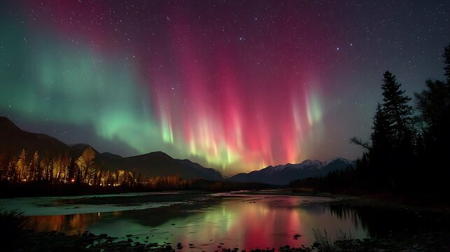 Majestic aurora borealis lights paint the night sky above a reflective mountain river