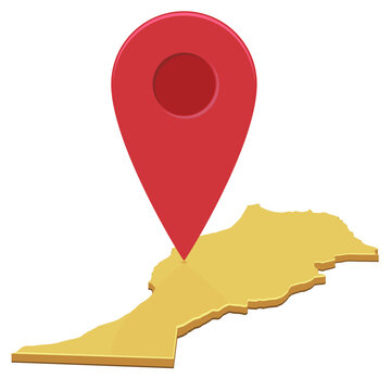 3D isometric map of Morocco with a large red pin pointer representing geographical location, travel destination, navigation, and local business tracking (cut out)