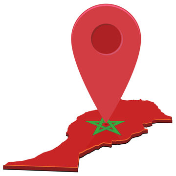 3D isometric map of Morocco with the national flag texture and a large red pin pointer representing location, travel destination, navigation, and logistics (cut out)