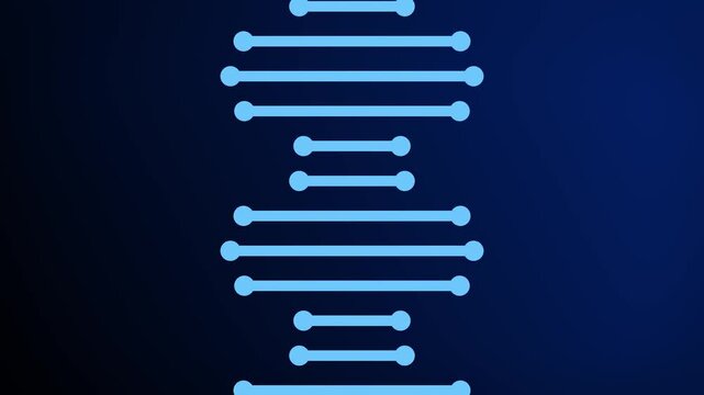 Flowing 2D shaped lines representing a rotating DNA strand molecule animation against a dark gradient background abstract digital design motion graphics visual effects with vibrant colours blue navy