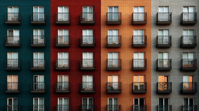 Modern apartment building facade with colorful sections and many balconies