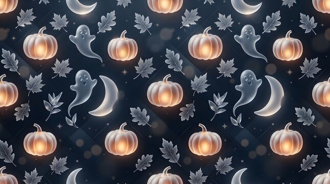 Ethereal Halloween pattern with glowing pumpkins, translucent ghosts, moons, and silver leaves.
