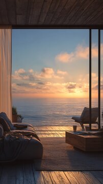 Modern interior lounge overlooks stunning ocean sunset view with comfortable furniture