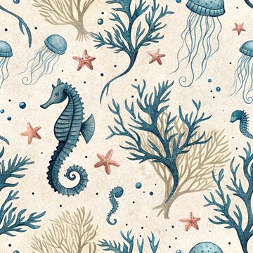 Vintage Sea Life Digital Paper Pack with Seamless Watercolor Antique Ocean Patterns for Scrapbook Crafts