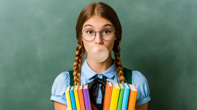 Young student with pigtails blowing bubble gum, holding colorful books, symbolizing education and youth