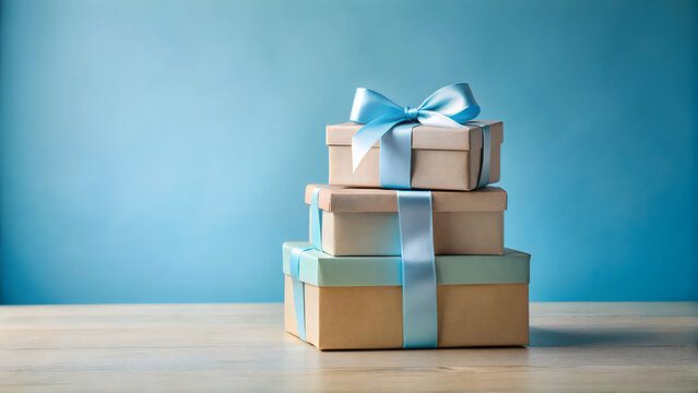 A stack of elegant gift boxes with blue ribbons prepared for a special black friday shopping event sale