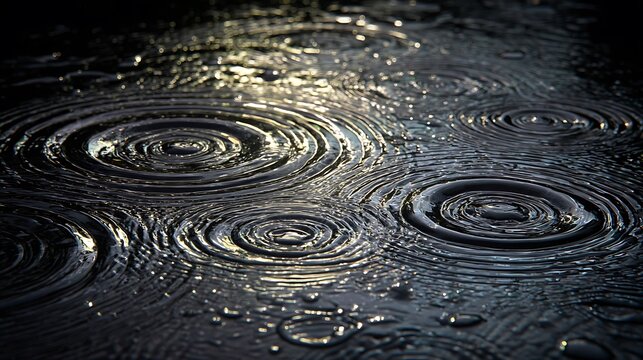 Raindrops create mesmerizing ripple patterns on a dark, reflective water surface