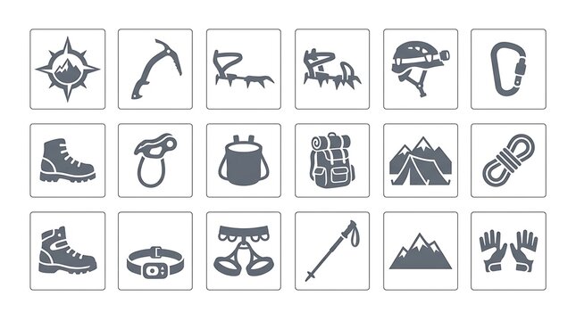 Set of mountain climbing and camping equipment icons in minimalist style for outdoor adventure with mountain climbing adventure equipment expedition recreation crampons carabiner backpack