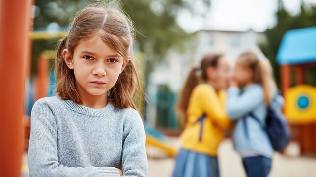 Young schoolgirl feeling left out, standing alone while blurred children whisper and gossip on playground