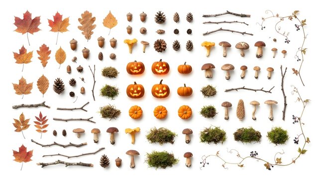 Flat Lay Collection Of Autumnal Elements Including Pumpkins, Mushrooms, And Leaves On White.