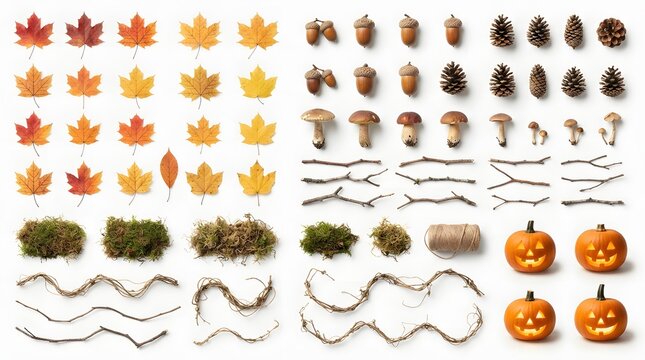 Organized Flat Lay Of Autumnal Decor Including Jack-O-Lanterns, Leaves, And Forest Finds.
