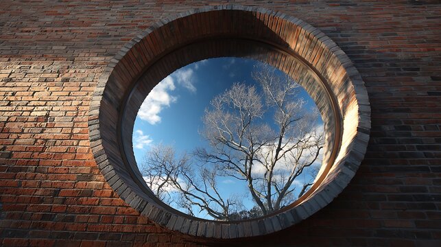 Round window in brick wall reflects winter trees and blue sky